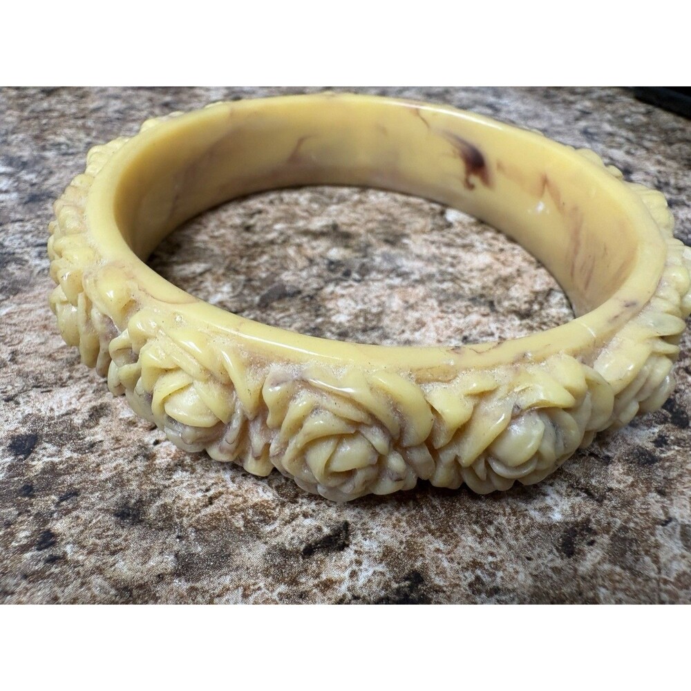 Vintage Carved Celluloid Resin Floral Rose Bangle Bracelet Yellow Marbled 8”